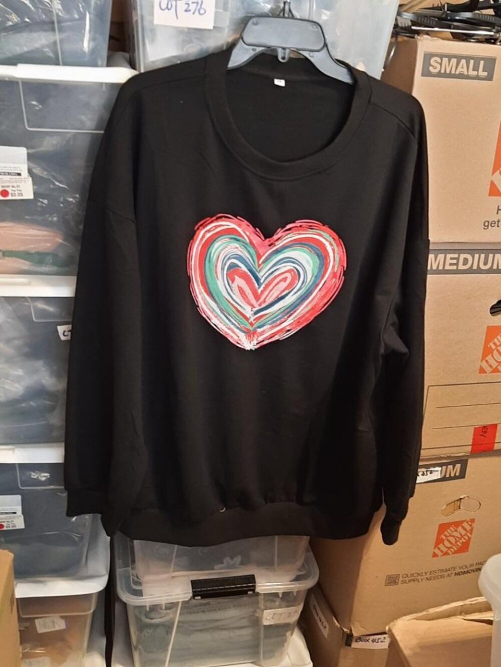 NEW ! Men Black With Bright Heart Middle Sweater Crewneck Size 2XL